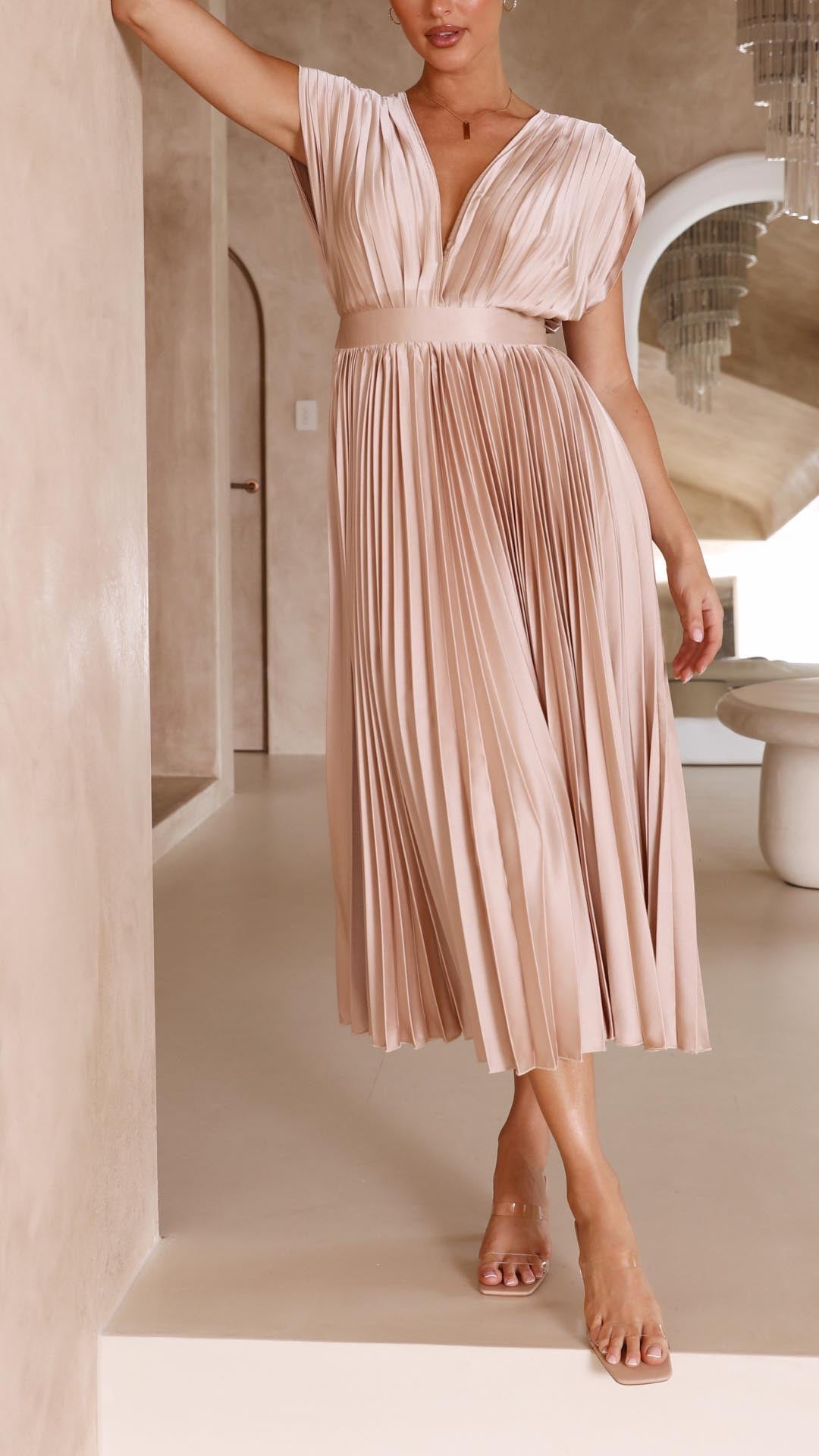 Damen Plissee Maxikleid Abendkleid mit V-Ausschnitt