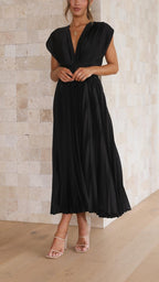 Damen Plissee Maxikleid Abendkleid mit V-Ausschnitt