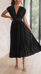 Damen Plissee Maxikleid Abendkleid mit V-Ausschnitt