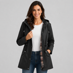 Damen Regenjacke mit Kapuze und karierter Innenfütterung – Leichte Übergangsjacke mit Taillenzug, Herbst
