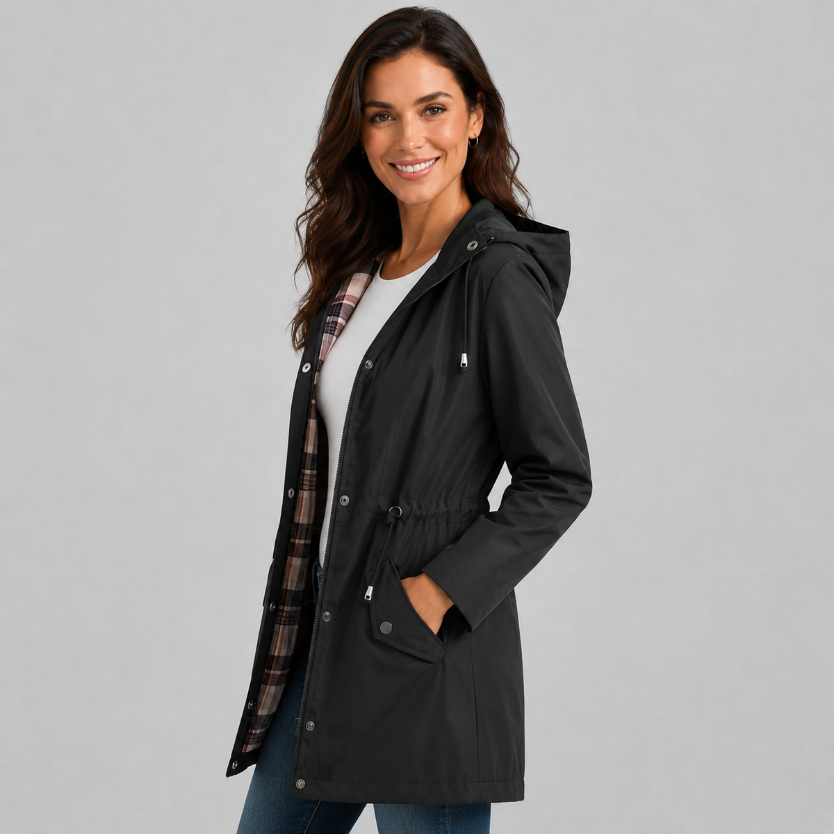Damen Regenjacke mit Kapuze und karierter Innenfütterung – Leichte Übergangsjacke mit Taillenzug, Herbst