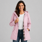 Damen Regenjacke mit Kapuze und karierter Innenfütterung – Leichte Übergangsjacke mit Taillenzug, Herbst