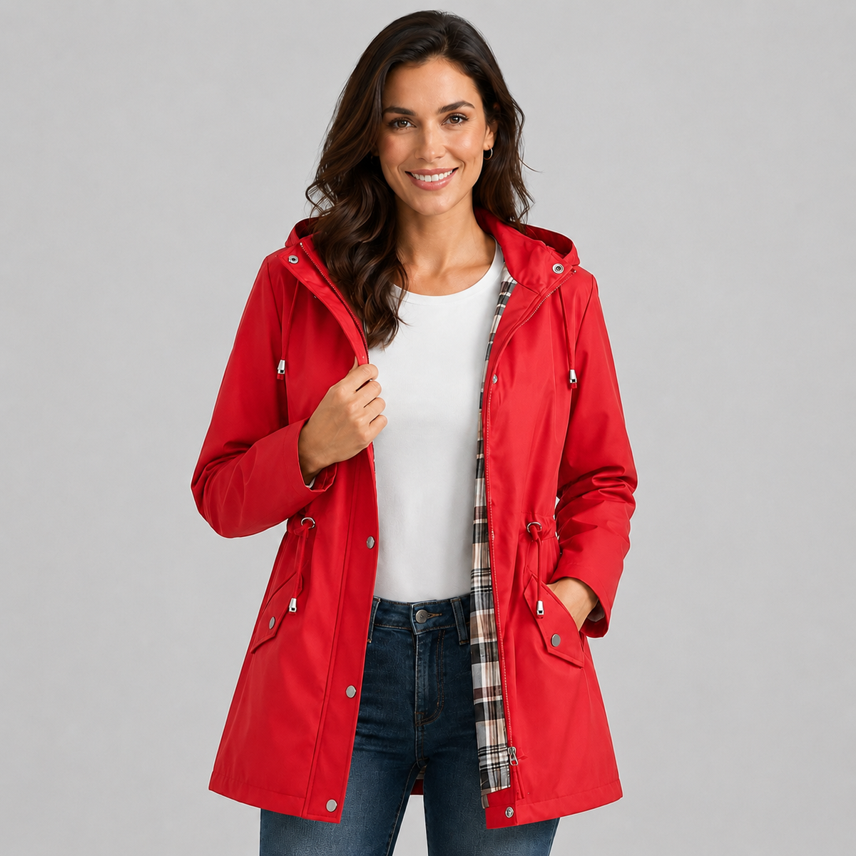 Damen Regenjacke mit Kapuze und karierter Innenfütterung – Leichte Übergangsjacke mit Taillenzug, Herbst