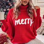 Damen Rollkragenpullover mit Merry-Schriftzug – Weihnachtspullover Strick, Winter, Lockere Passform
