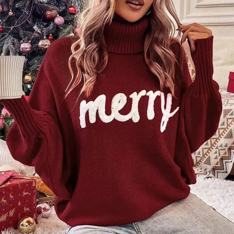 Damen Rollkragenpullover mit Merry-Schriftzug – Weihnachtspullover Strick, Winter, Lockere Passform