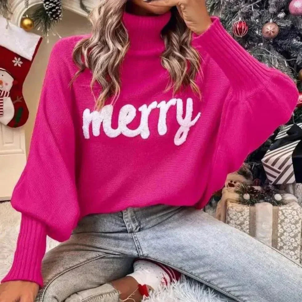 Damen Rollkragenpullover mit Merry-Schriftzug – Weihnachtspullover Strick, Winter, Lockere Passform