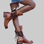 Damen Schnürstiefeletten in Lederoptik – Vintage Western Boots mit Nieten, Herbst Winter