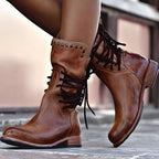 Damen Schnürstiefeletten in Lederoptik – Vintage Western Boots mit Nieten, Herbst Winter