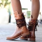 Damen Schnürstiefeletten in Lederoptik – Vintage Western Boots mit Nieten, Herbst Winter