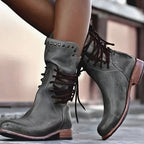 Damen Schnürstiefeletten in Lederoptik – Vintage Western Boots mit Nieten, Herbst Winter