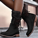 Damen Schnürstiefeletten in Lederoptik – Vintage Western Boots mit Nieten, Herbst Winter