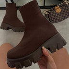 Damen Sock Boots mit Plateausohle – Stretch-Strick Stiefeletten mit klobigem Absatz, Herbst Winter
