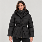 Damen Steppjacke mit Kapuze und Bindegürtel – Taillierte Winterjacke mit Reißverschluss
