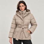 Damen Steppjacke mit Kapuze und Bindegürtel – Taillierte Winterjacke mit Reißverschluss