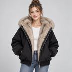 Damen Kurze Steppjacke mit Kunstfellkapuze – Warme Winterjacke mit Fellbesatz