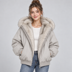 Damen Kurze Steppjacke mit Kunstfellkapuze – Warme Winterjacke mit Fellbesatz