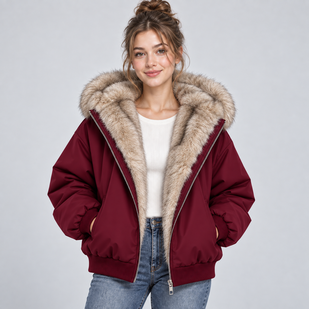 Damen Kurze Steppjacke mit Kunstfellkapuze – Warme Winterjacke mit Fellbesatz