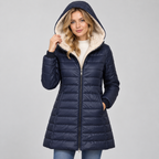 Damen Langer Steppmantel mit Teddyfutter-Kapuze – Warmer Wintermantel mit Reißverschluss