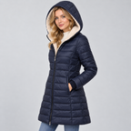 Damen Langer Steppmantel mit Teddyfutter-Kapuze – Warmer Wintermantel mit Reißverschluss