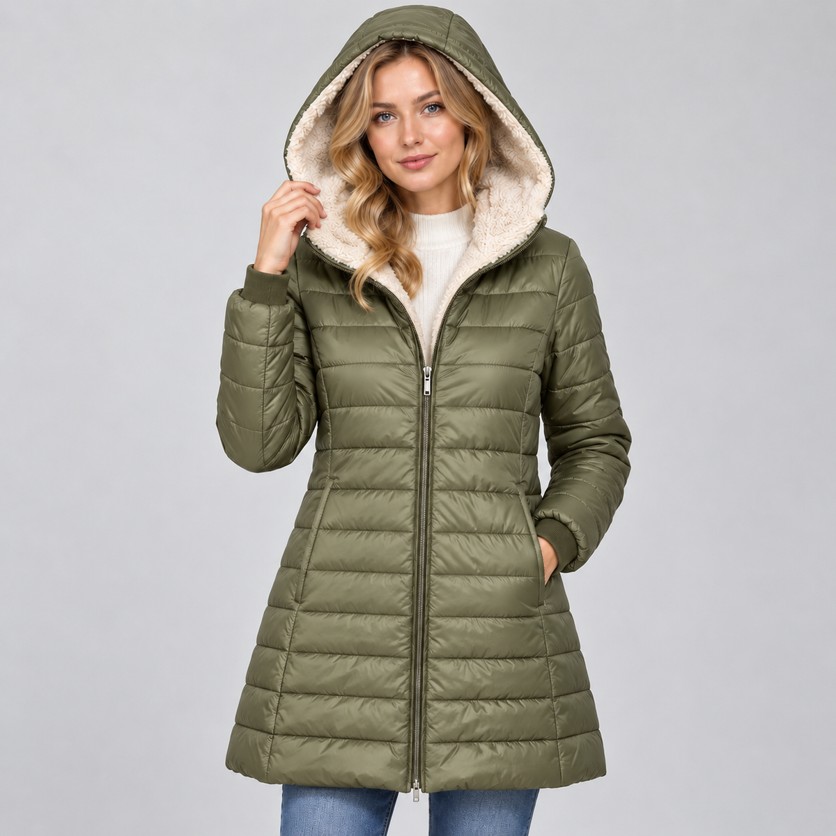 Damen Langer Steppmantel mit Teddyfutter-Kapuze – Warmer Wintermantel mit Reißverschluss