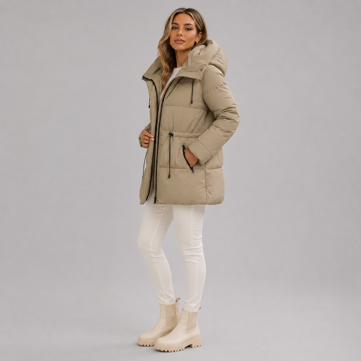 Damen Steppparka mit Kapuze und Taillenzug – Warme Winterjacke in Halblang