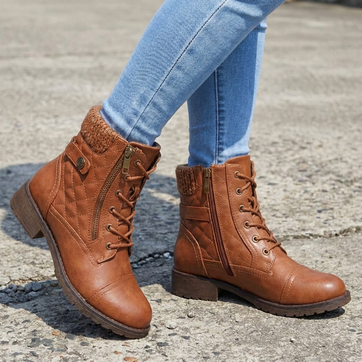Damen Schnürstiefeletten aus Kunstleder – Combat Boots mit Reißverschluss und Blockabsatz, Herbst Winter