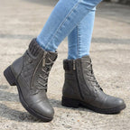 Damen Schnürstiefeletten aus Kunstleder – Combat Boots mit Reißverschluss und Blockabsatz, Herbst Winter