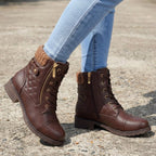 Damen Schnürstiefeletten aus Kunstleder – Combat Boots mit Reißverschluss und Blockabsatz, Herbst Winter