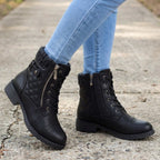 Damen Schnürstiefeletten aus Kunstleder – Combat Boots mit Reißverschluss und Blockabsatz, Herbst Winter