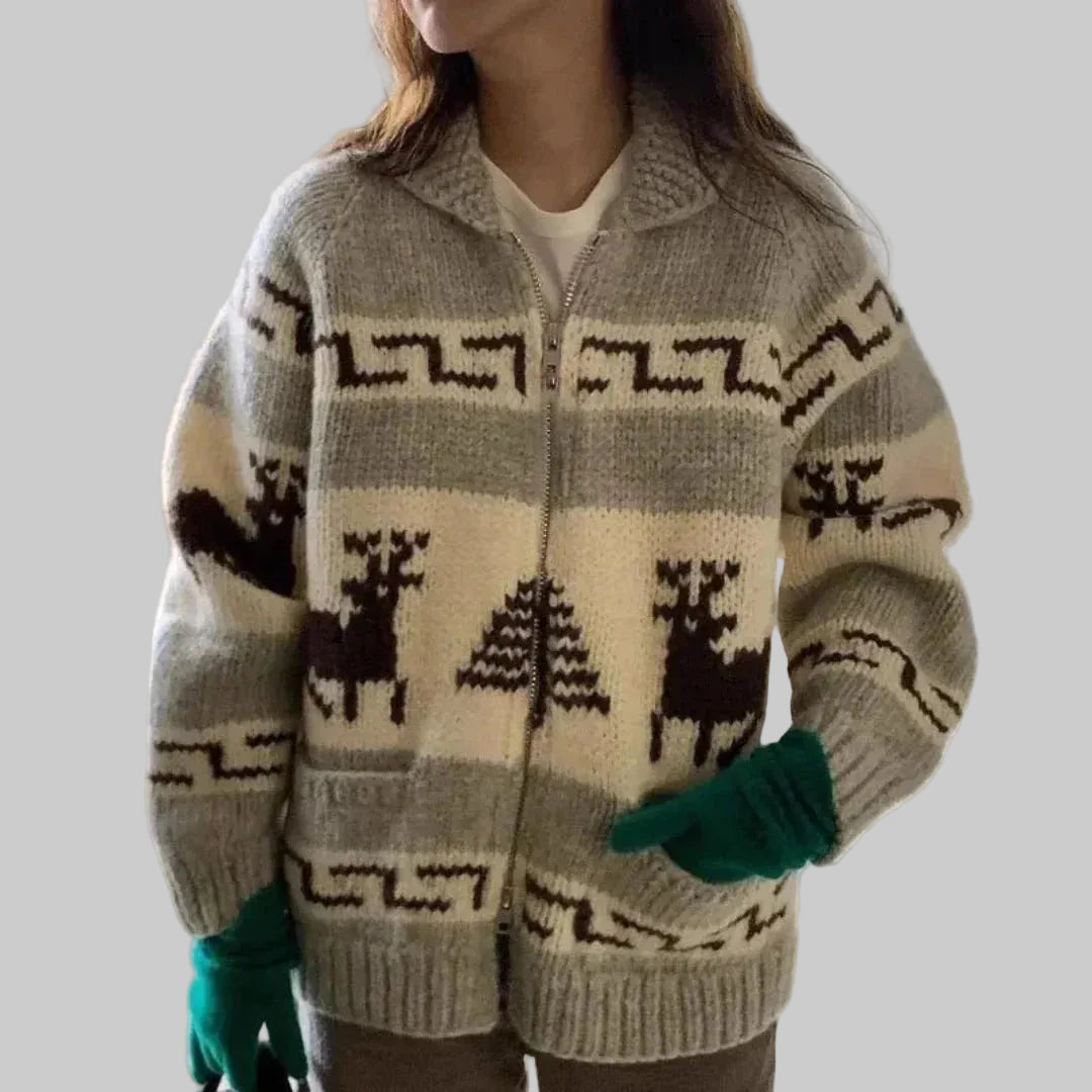 Damen Oversized Strickjacke mit Rentier-Norwegermuster – Weihnachts-Cardigan mit Reißverschluss, Winter