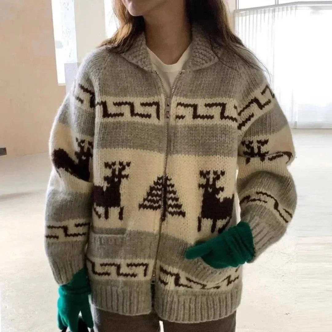 Damen Oversized Strickjacke mit Rentier-Norwegermuster – Weihnachts-Cardigan mit Reißverschluss, Winter