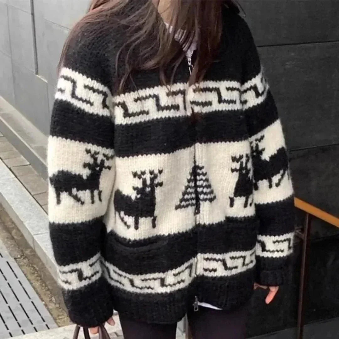 Damen Oversized Strickjacke mit Rentier-Norwegermuster – Weihnachts-Cardigan mit Reißverschluss, Winter