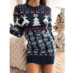 Damen Norweger Strickkleid mit Rentier – Weihnachtskleid Mini, Winterkleid Langarm