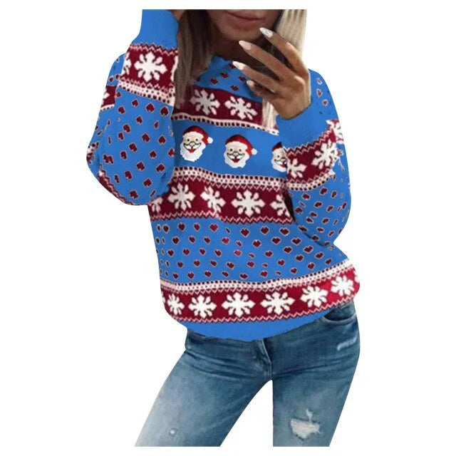 Damen Weihnachtspullover mit Weihnachtsmann & Schneeflocken – Strickpullover, Winter, Lockere Passform