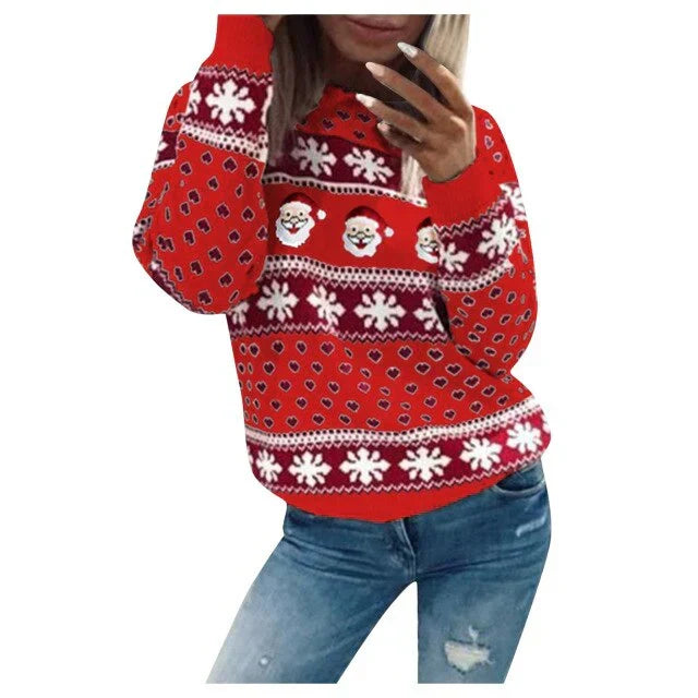 Damen Weihnachtspullover mit Weihnachtsmann & Schneeflocken – Strickpullover, Winter, Lockere Passform