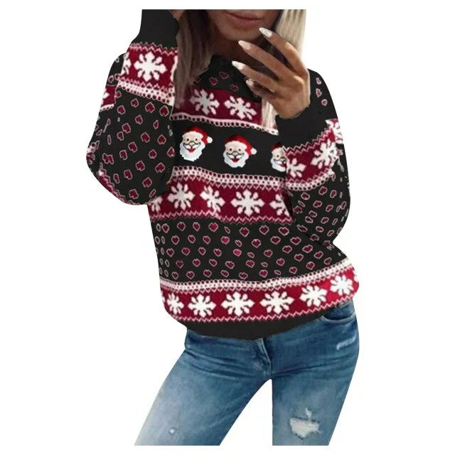 Damen Weihnachtspullover mit Weihnachtsmann & Schneeflocken – Strickpullover, Winter, Lockere Passform