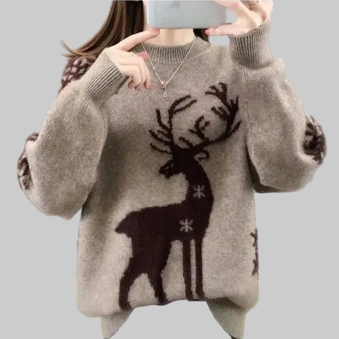 Damen Weihnachtspullover mit Rentier – Flauschiger Strickpullover, Winter, Lockere Passform