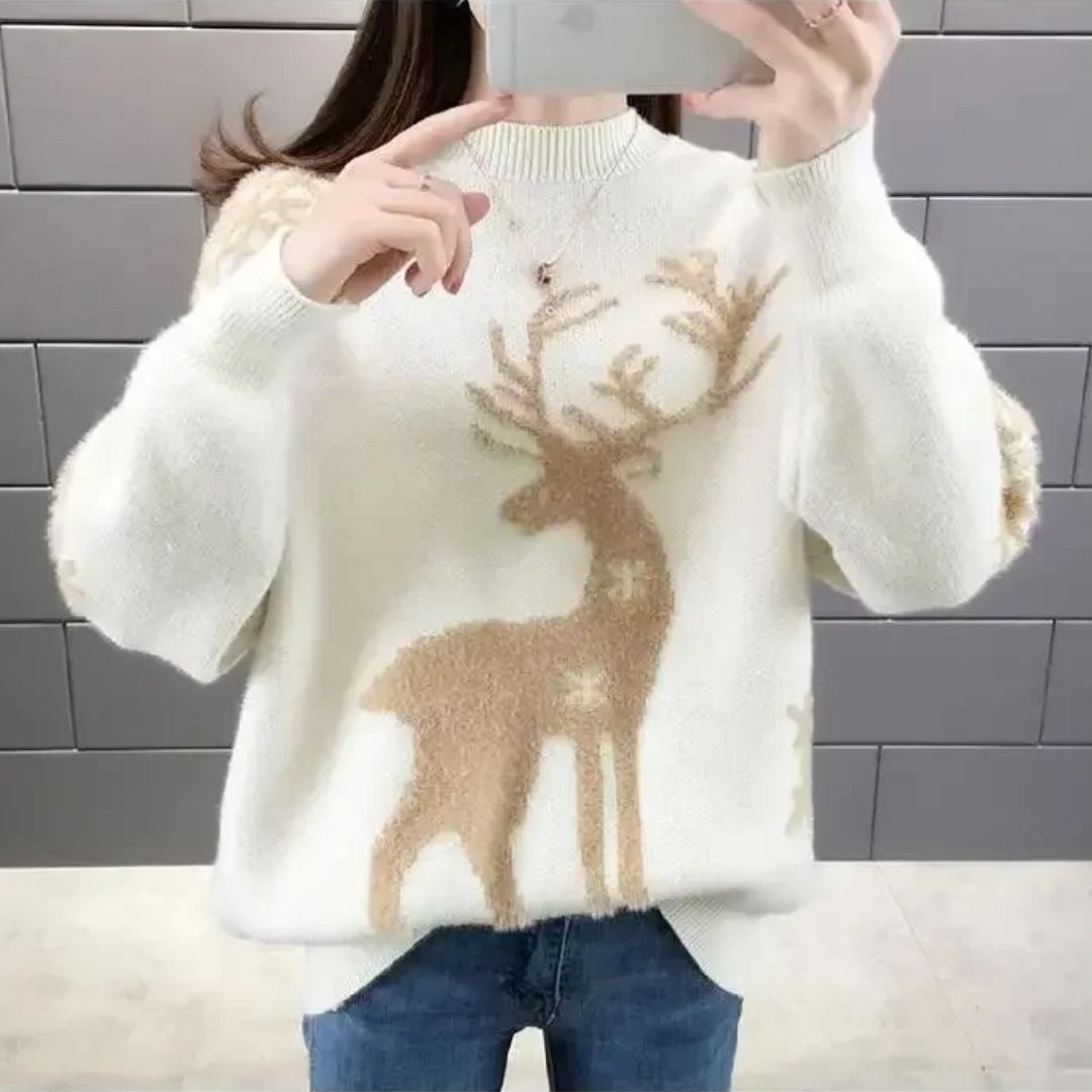 Damen Weihnachtspullover mit Rentier – Flauschiger Strickpullover, Winter, Lockere Passform