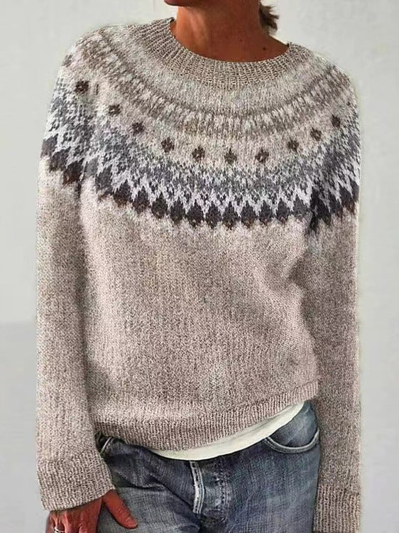 Damen Norweger Weihnachtspullover mit Rundpasse – Strickpullover, Winter, Lockere Passform