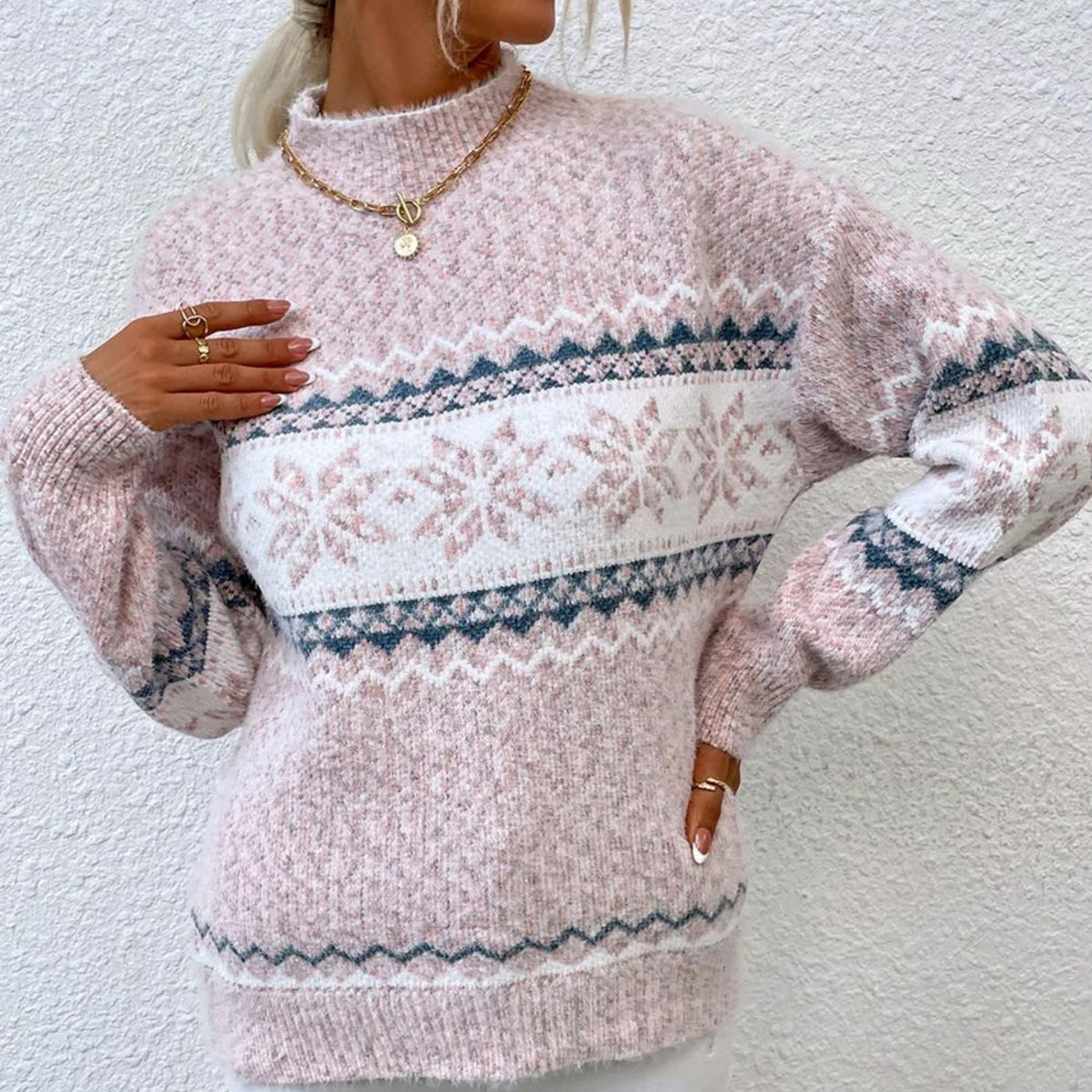 Damen Strickpullover mit Schneeflockenmuster – Gemütlicher Winterpullover, Lockere Passform