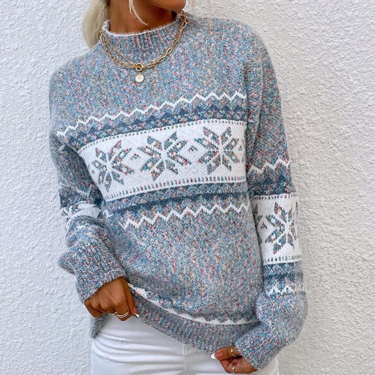Damen Strickpullover mit Schneeflockenmuster – Gemütlicher Winterpullover, Lockere Passform