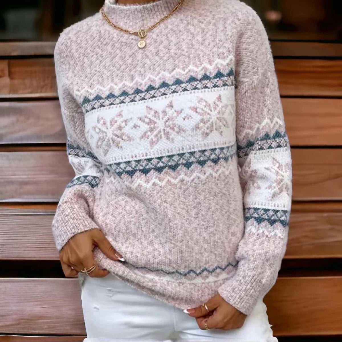 Damen Strickpullover mit Schneeflockenmuster – Gemütlicher Winterpullover, Lockere Passform