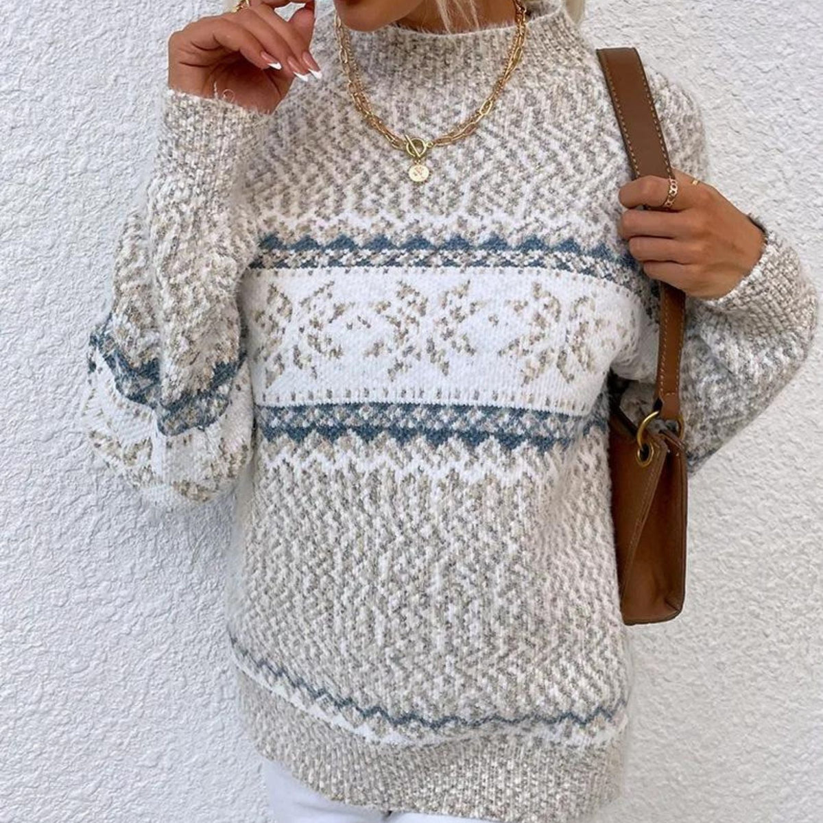 Damen Strickpullover mit Schneeflockenmuster – Gemütlicher Winterpullover, Lockere Passform
