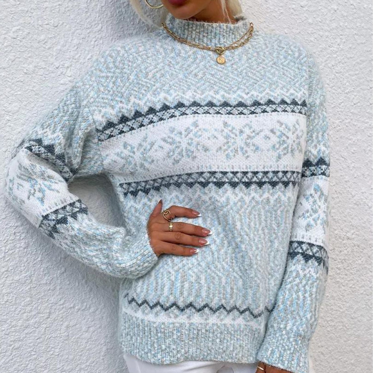 Damen Strickpullover mit Schneeflockenmuster – Gemütlicher Winterpullover, Lockere Passform