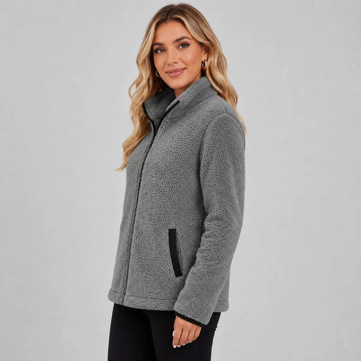 Damen Teddy-Fleecejacke mit Stehkragen – Kuschelige Plüschjacke mit Reißverschluss, Herbst Winter