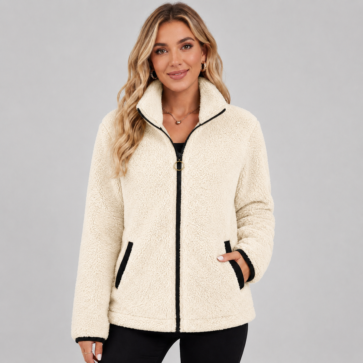 Damen Teddy-Fleecejacke mit Stehkragen – Kuschelige Plüschjacke mit Reißverschluss, Herbst Winter