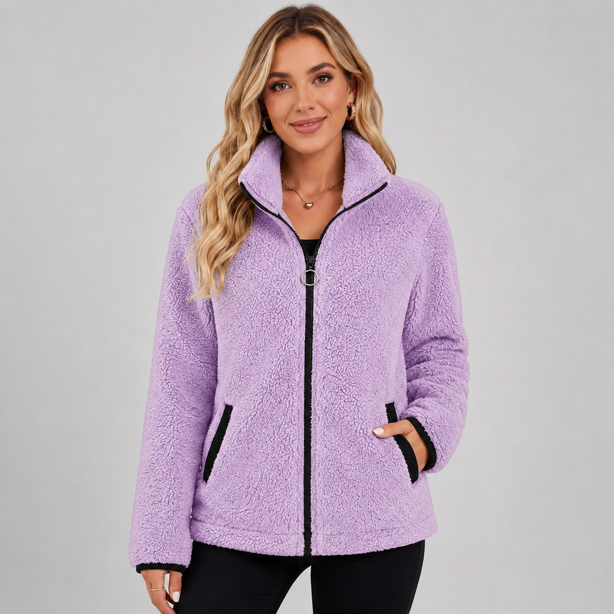 Damen Teddy-Fleecejacke mit Stehkragen – Kuschelige Plüschjacke mit Reißverschluss, Herbst Winter
