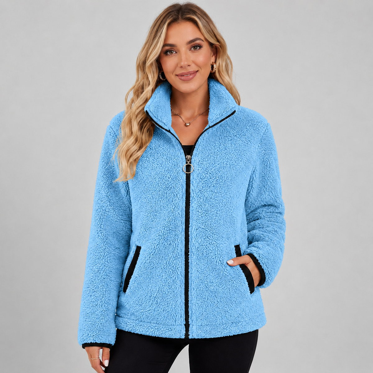 Damen Teddy-Fleecejacke mit Stehkragen – Kuschelige Plüschjacke mit Reißverschluss, Herbst Winter