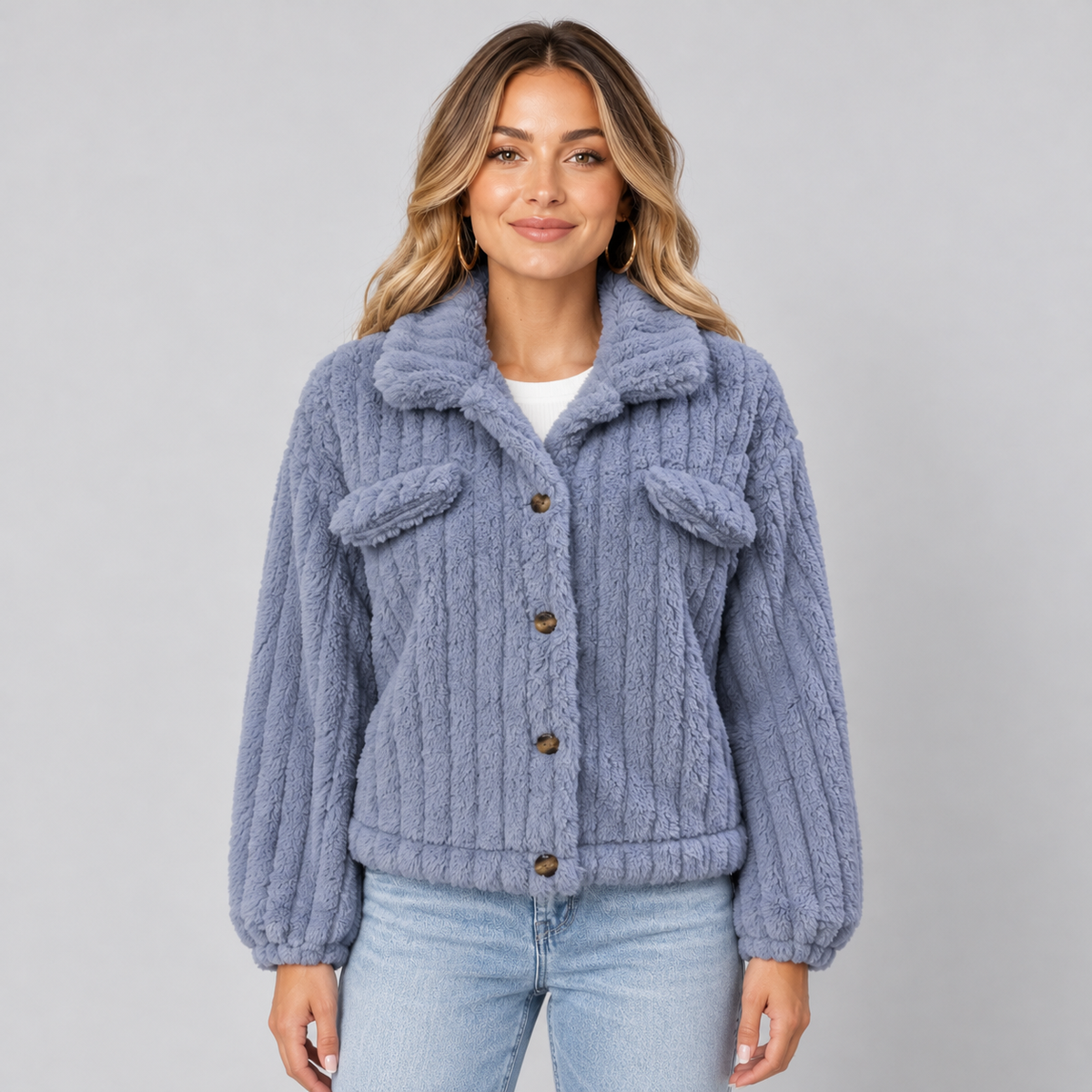 Damen Teddyjacke mit Knopfleiste – Kurze Borg-Fleece Jacke mit Hemdkragen, Herbst Winter