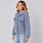 Damen Teddyjacke mit Knopfleiste – Kurze Borg-Fleece Jacke mit Hemdkragen, Herbst Winter